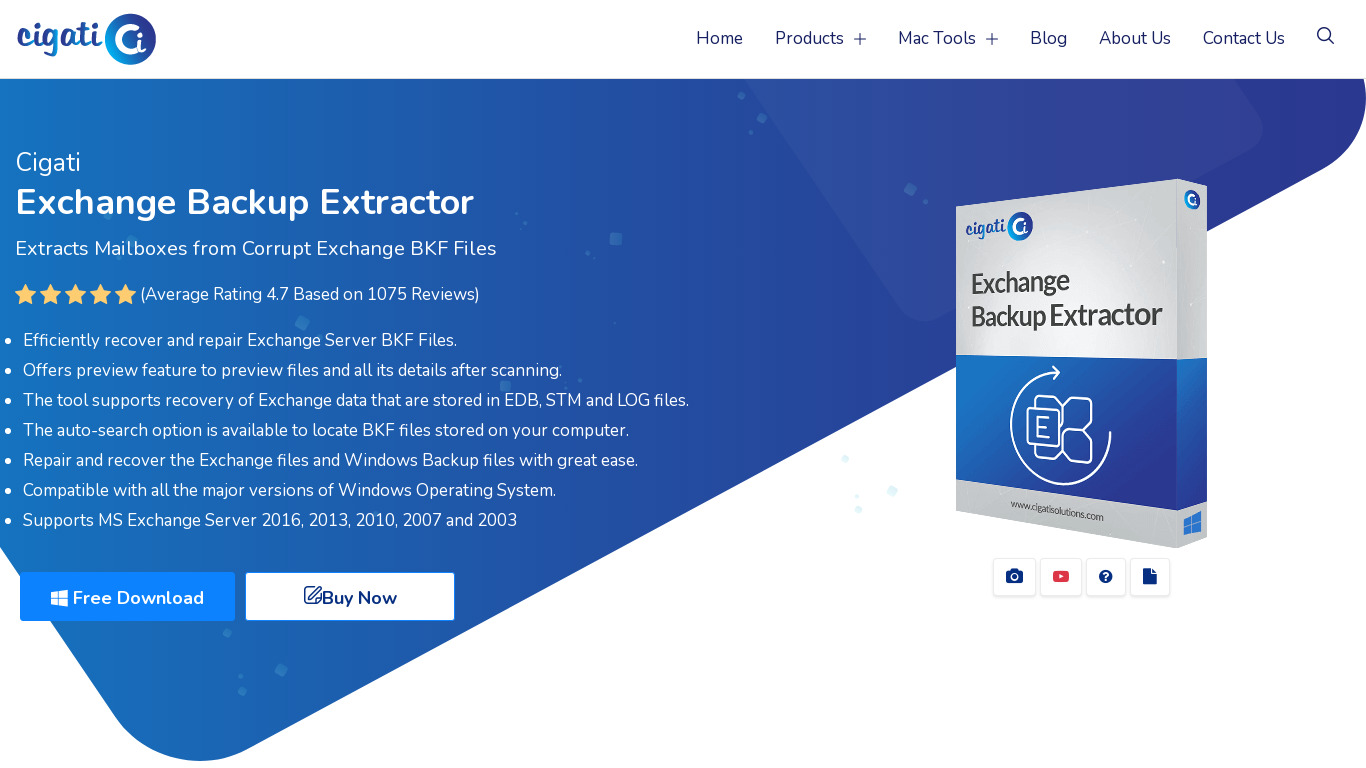 Cigati Exchange Backup Extractor Landing page