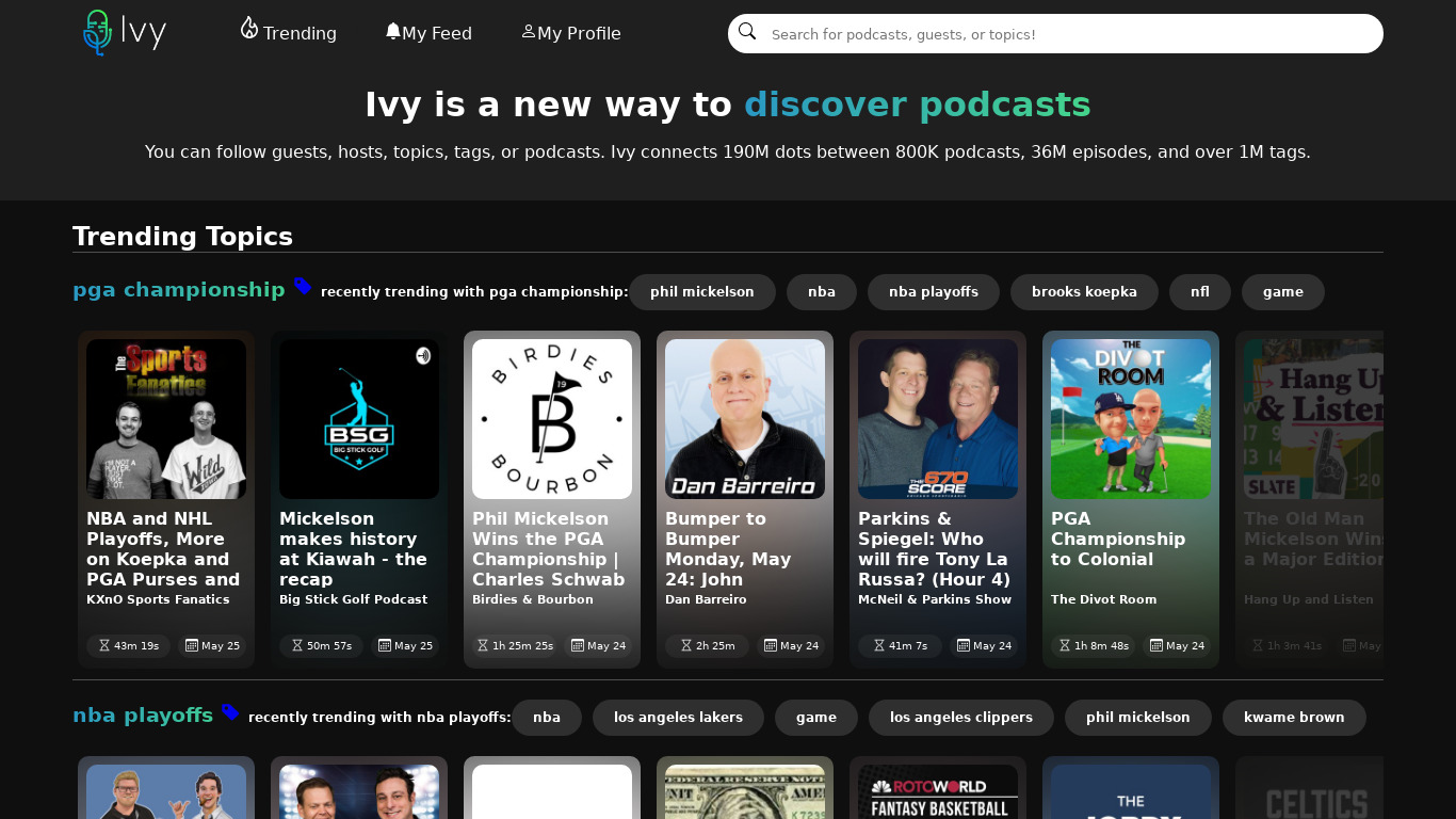 Ivy Podcast Discovery Landing page