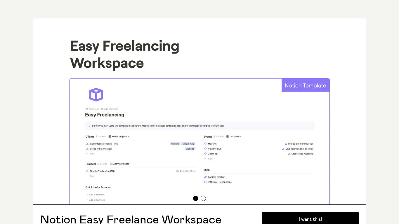Notion Easy Freelance Workspace Landing page