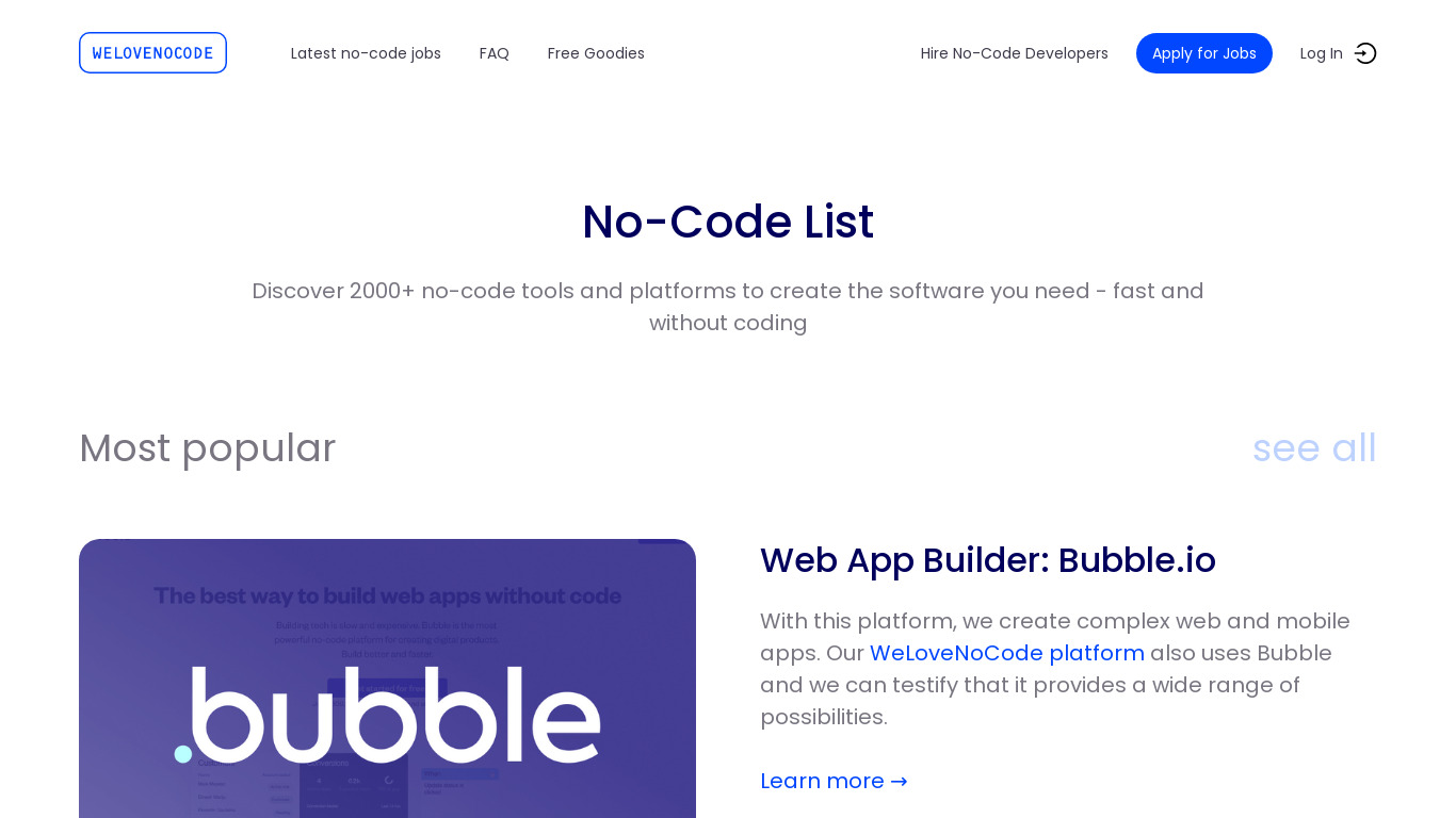 NoCode Tool List by WeLoveNoCode Landing page