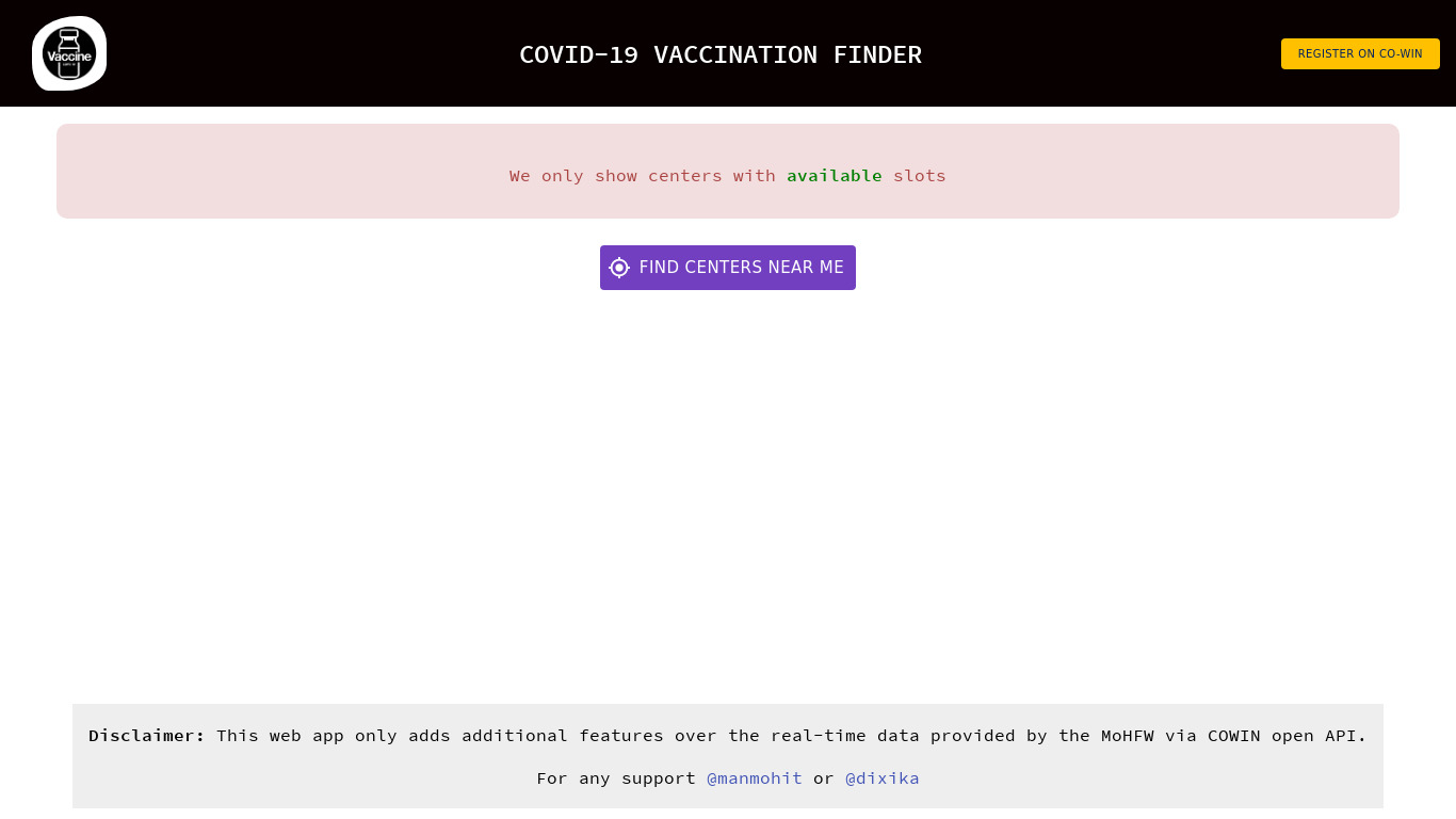 Nearby Vaccine Finder Landing page