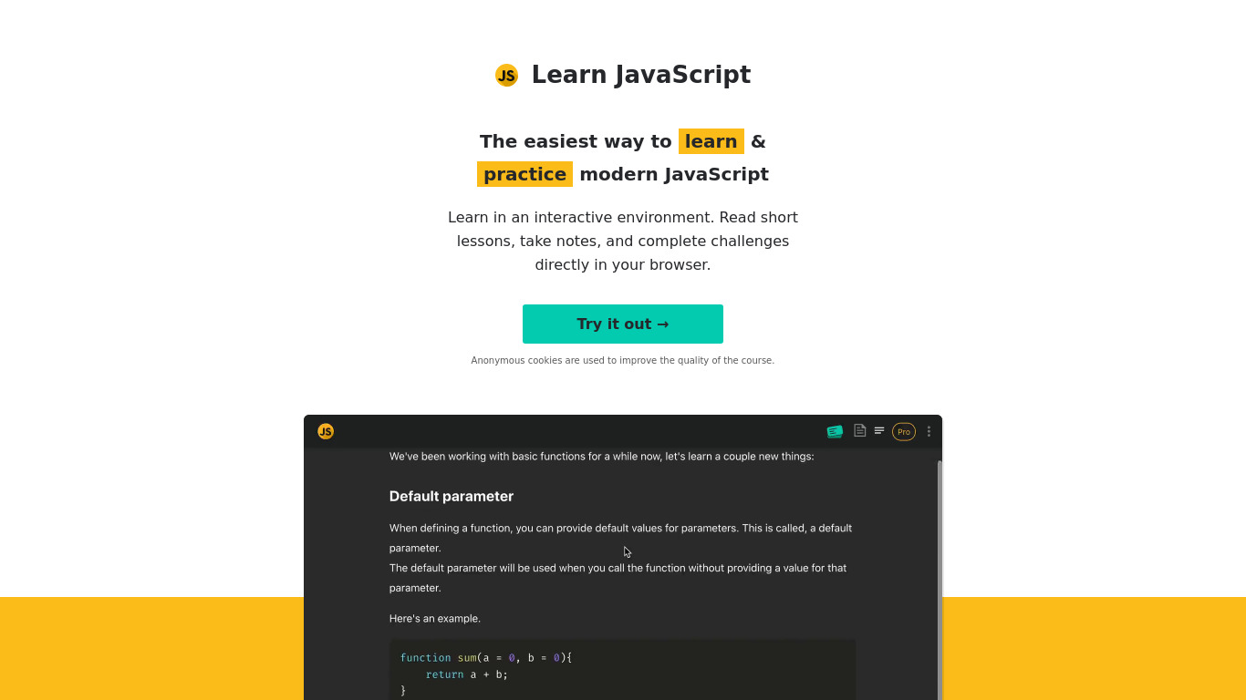 Learn JavaScript Landing page