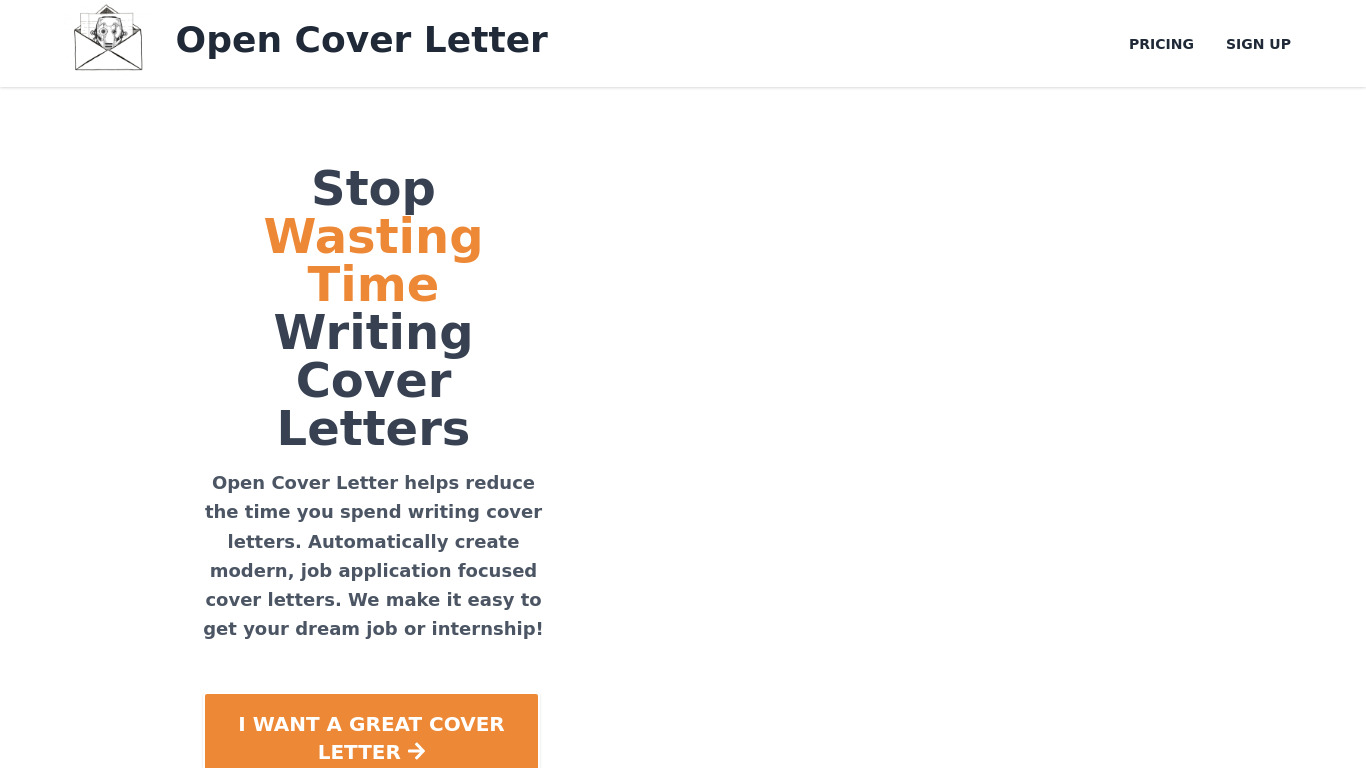 Open Cover Letter Landing page