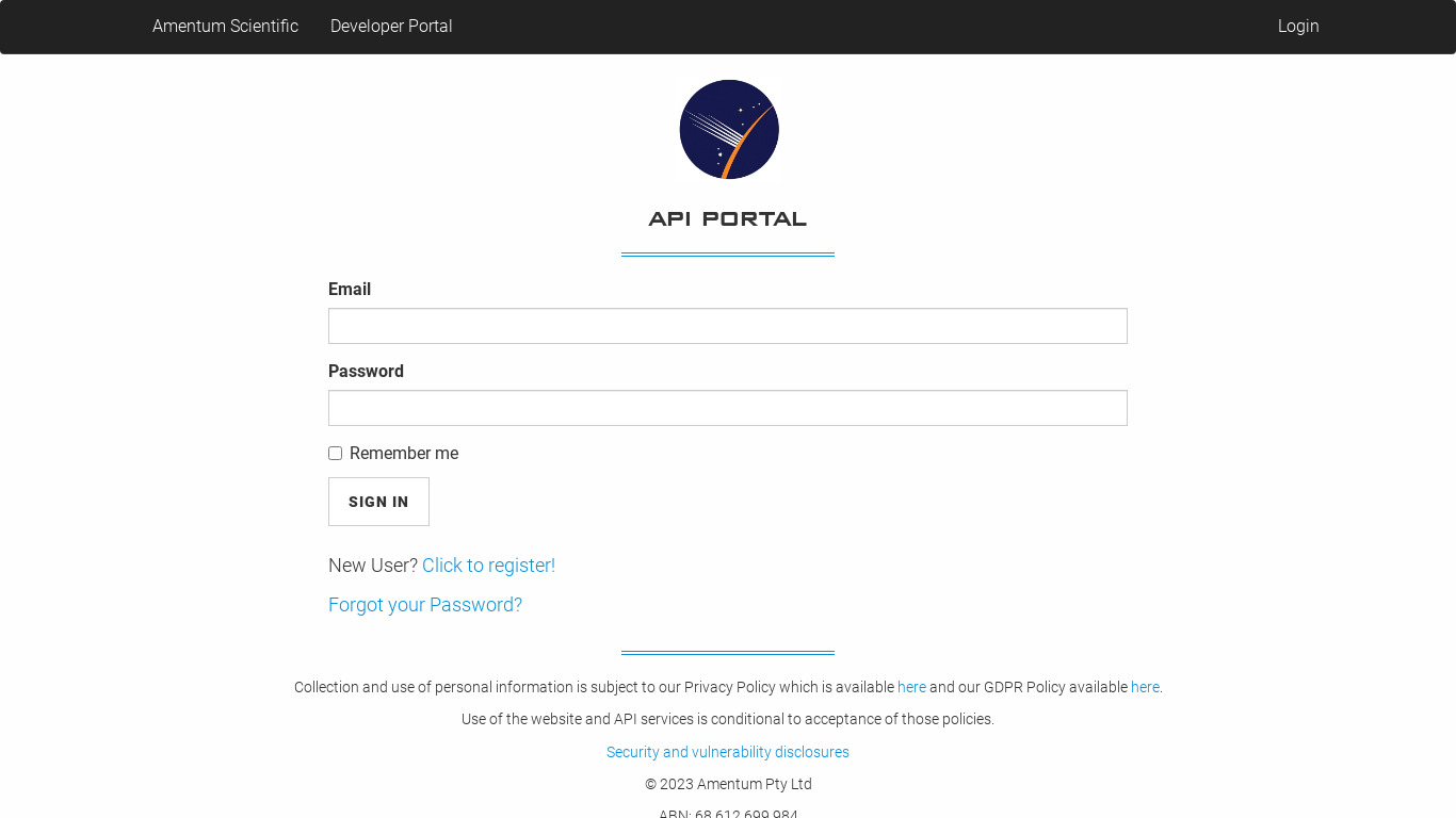 Amentum API Portal Landing page