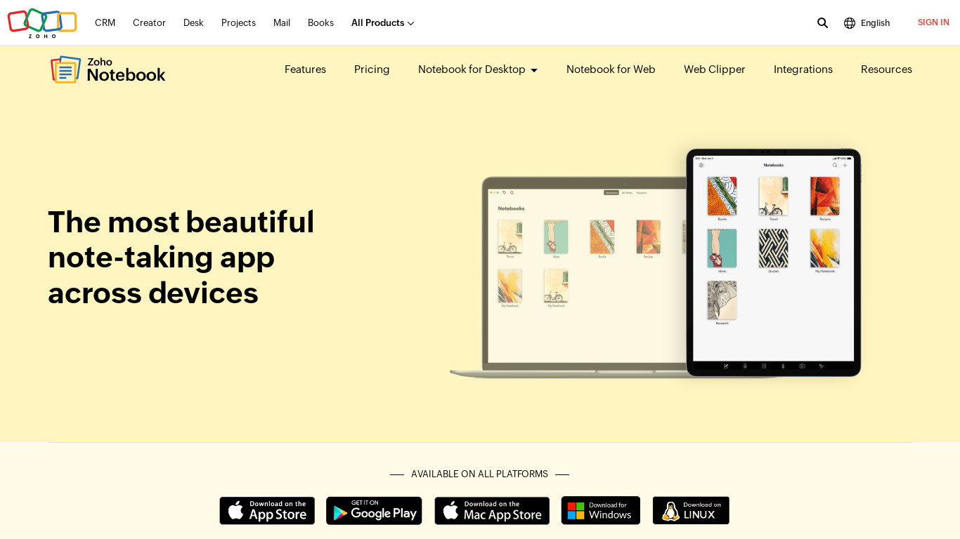 Zoho Notebook Landing page
