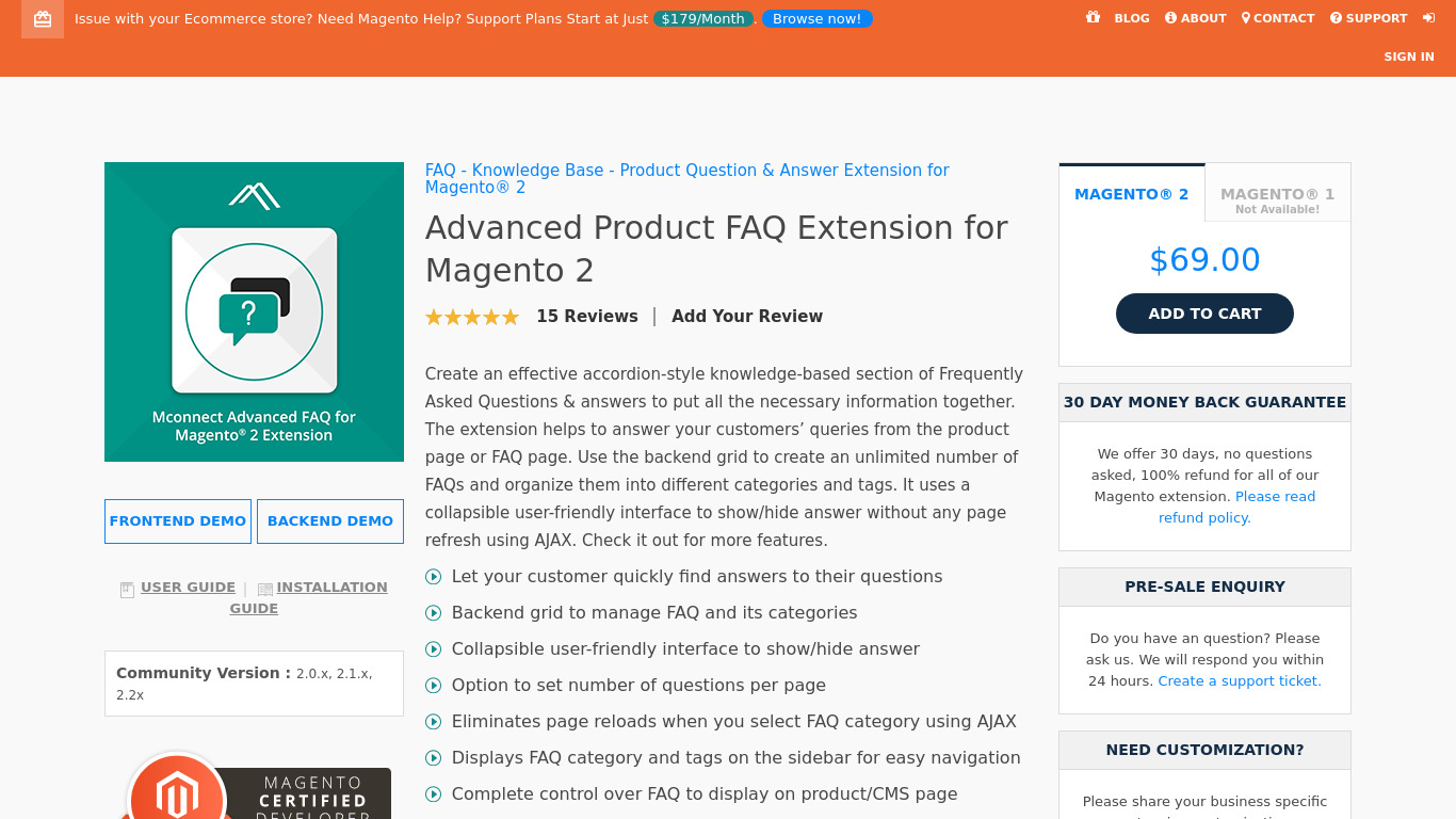 Mconnect Advanced Product FAQ Extension Landing page