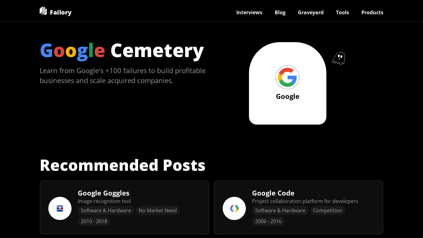 Google Cemetery by Failory Landing page