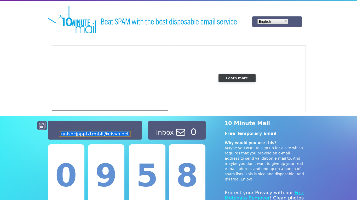 10 Minute Mail Landing page