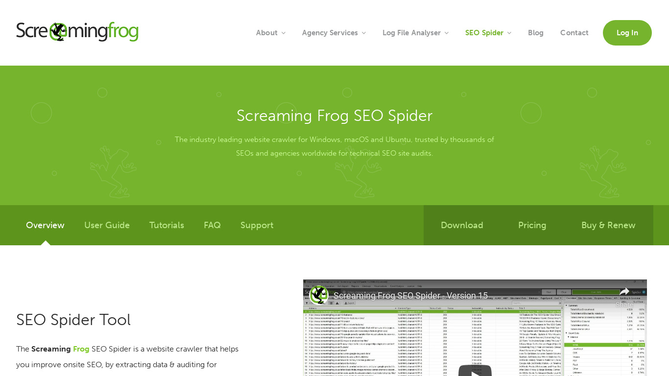 Screaming Frog SEO Spider Landing page