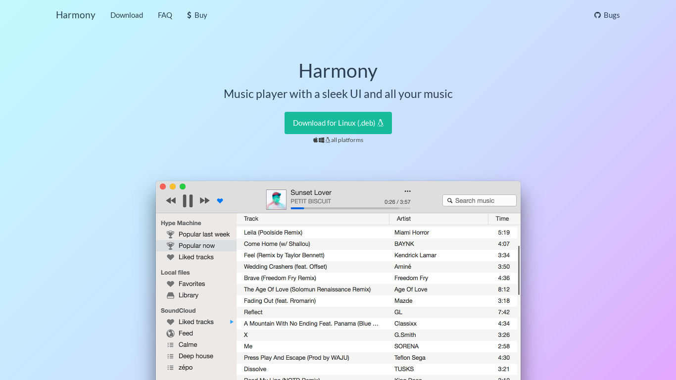 Harmony Music Player Landing page