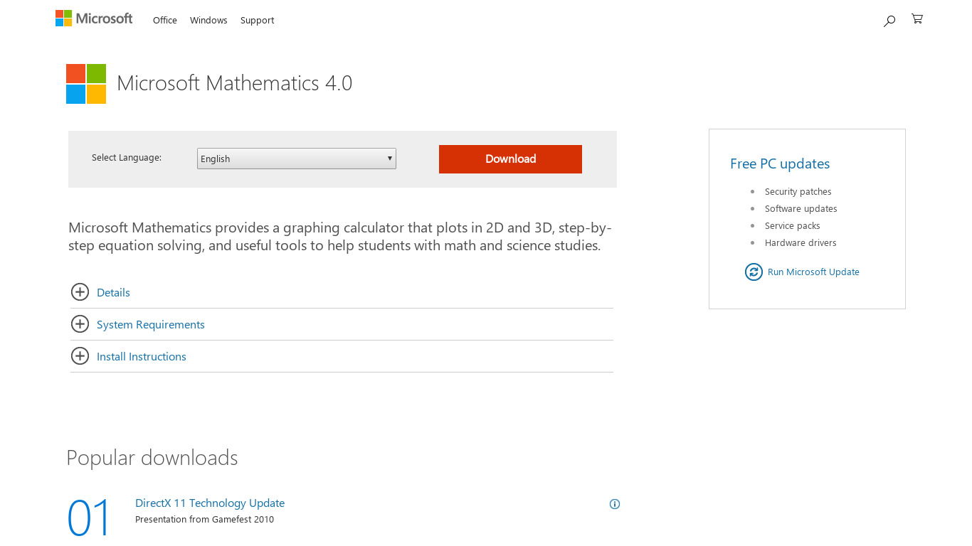 Microsoft Mathematics Landing page