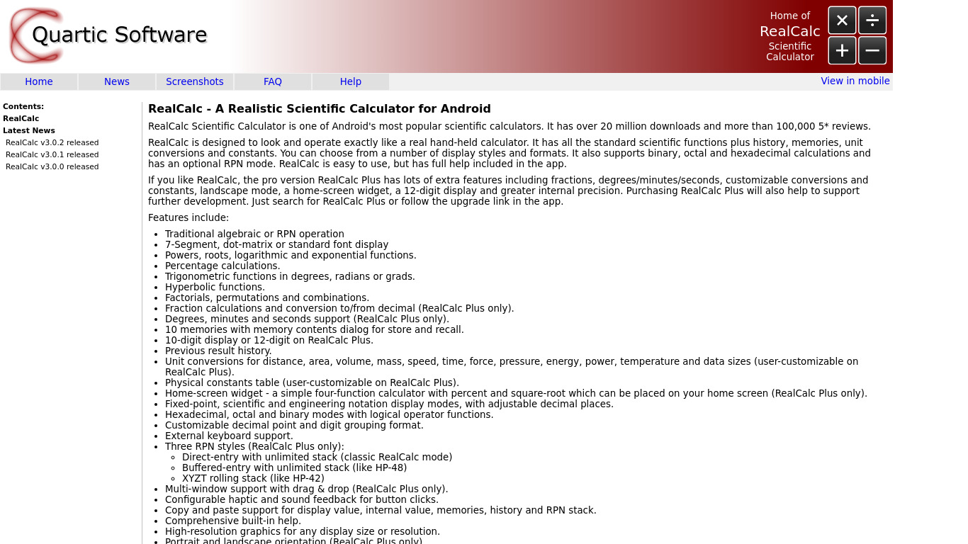 RealCalc Scientific Calculator Landing page