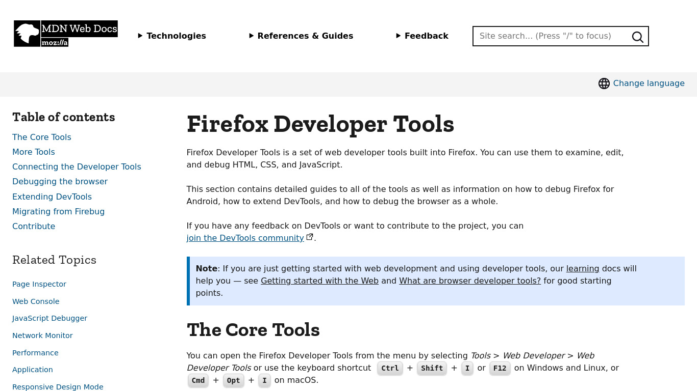 Firefox Developer Tools Landing page