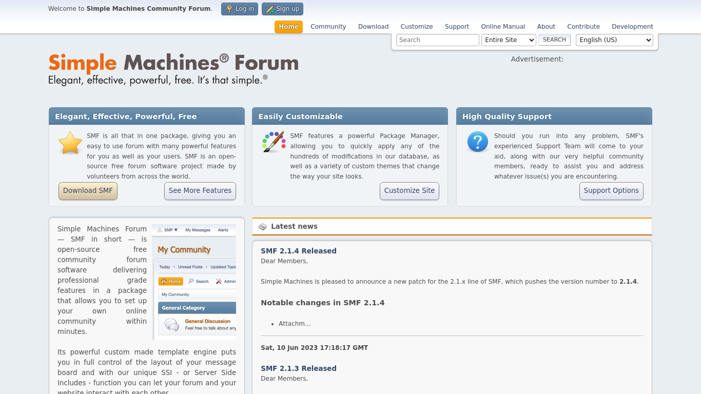 Simple Machines Forum Landing page