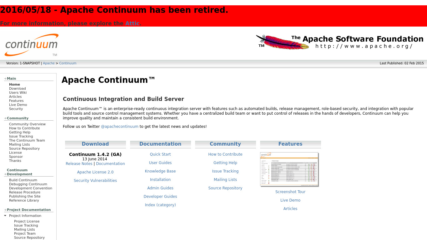 Apache Continuum Landing page