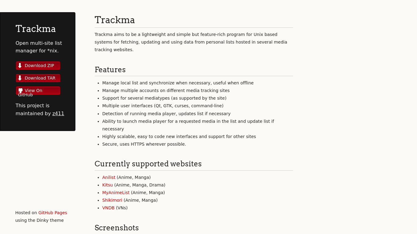 Trackma Landing page