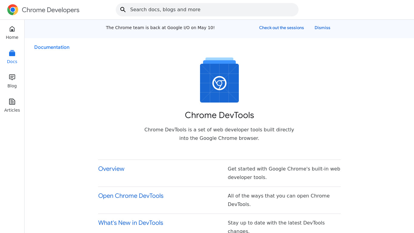 Google Chrome Developer Tools Landing page