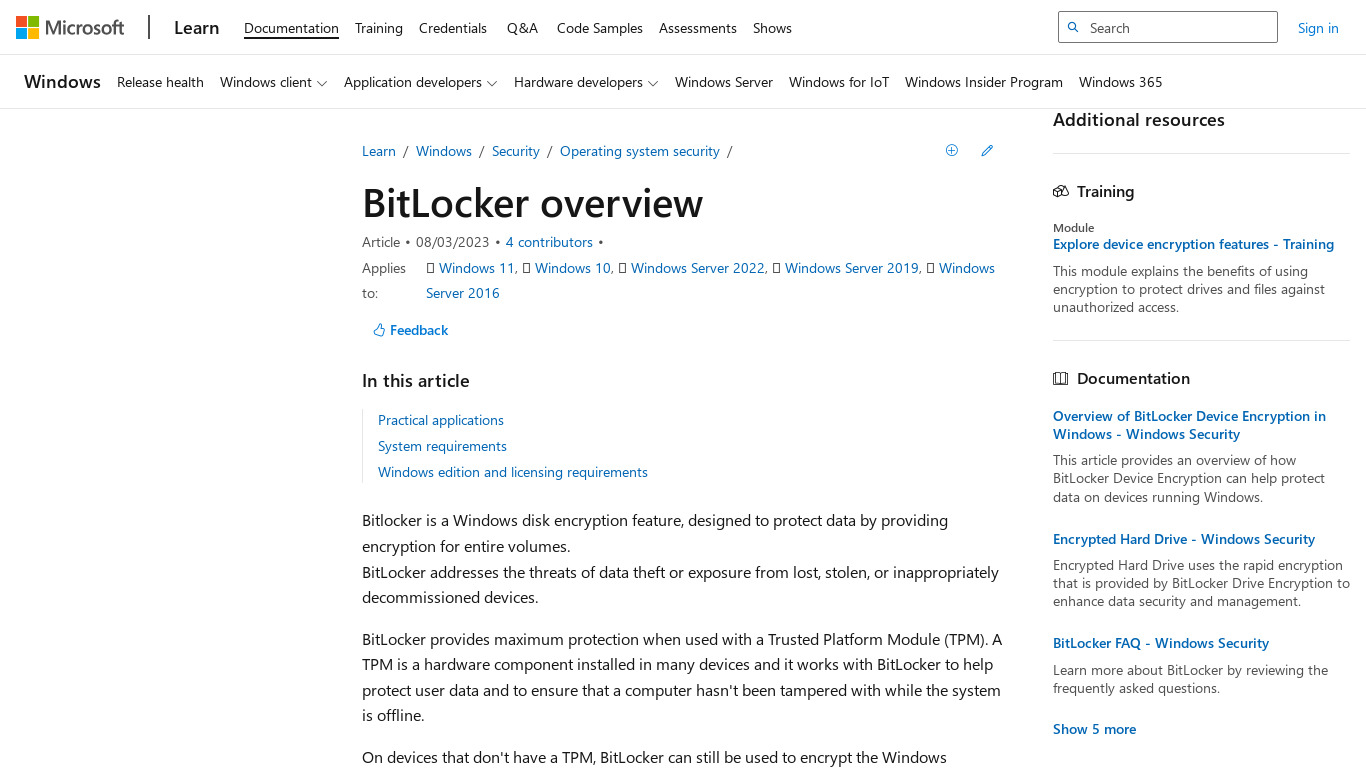 Windows BitLocker Landing page