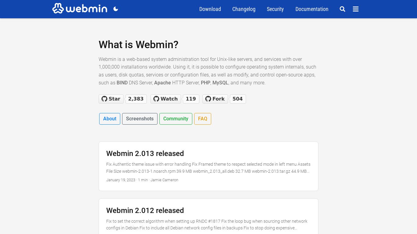 Webmin Landing page