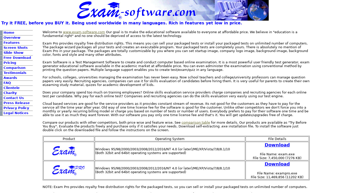 Exam Software Landing page