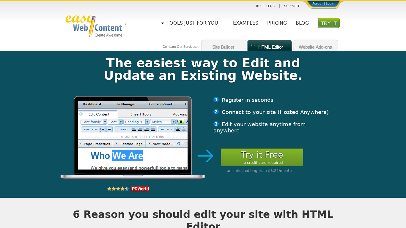 Easy WebContent HTML Editor Landing page