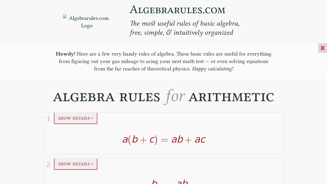 Algebrarules.com Landing page