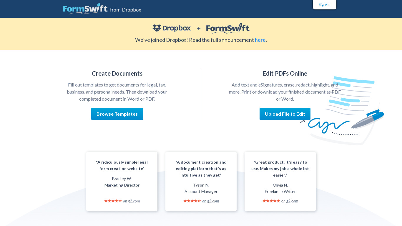 FormSwift Landing page
