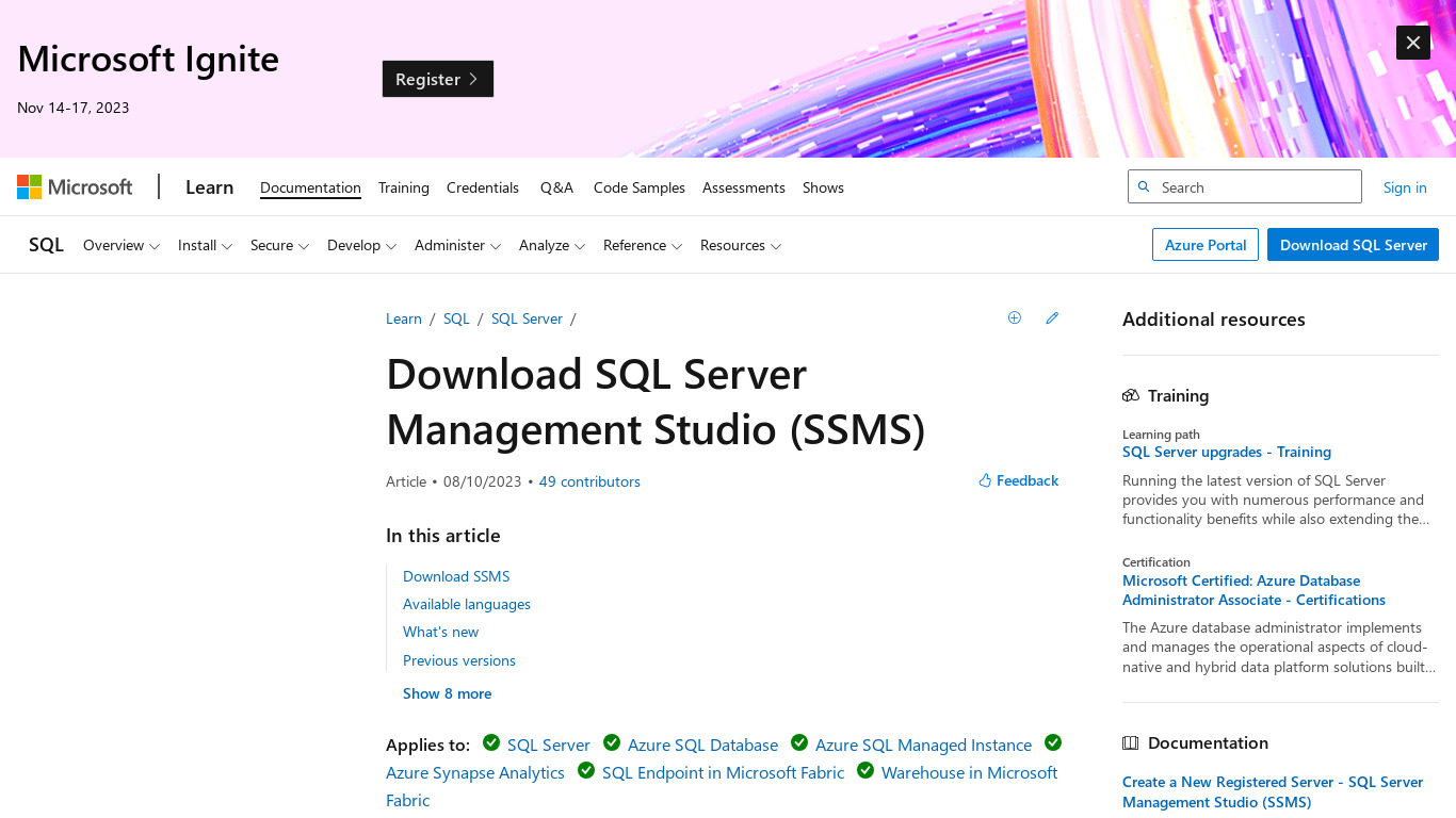 SQL Server Management Studio Landing page