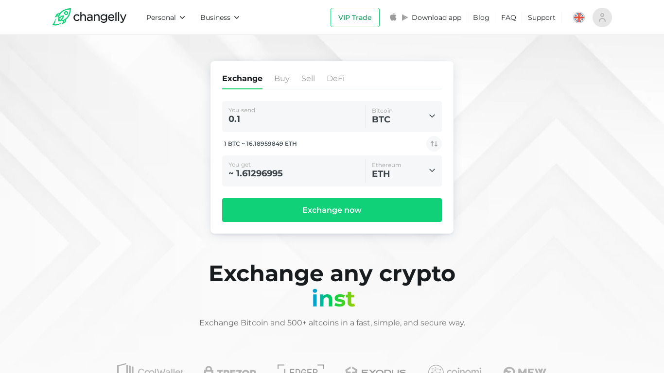 changelly Landing page