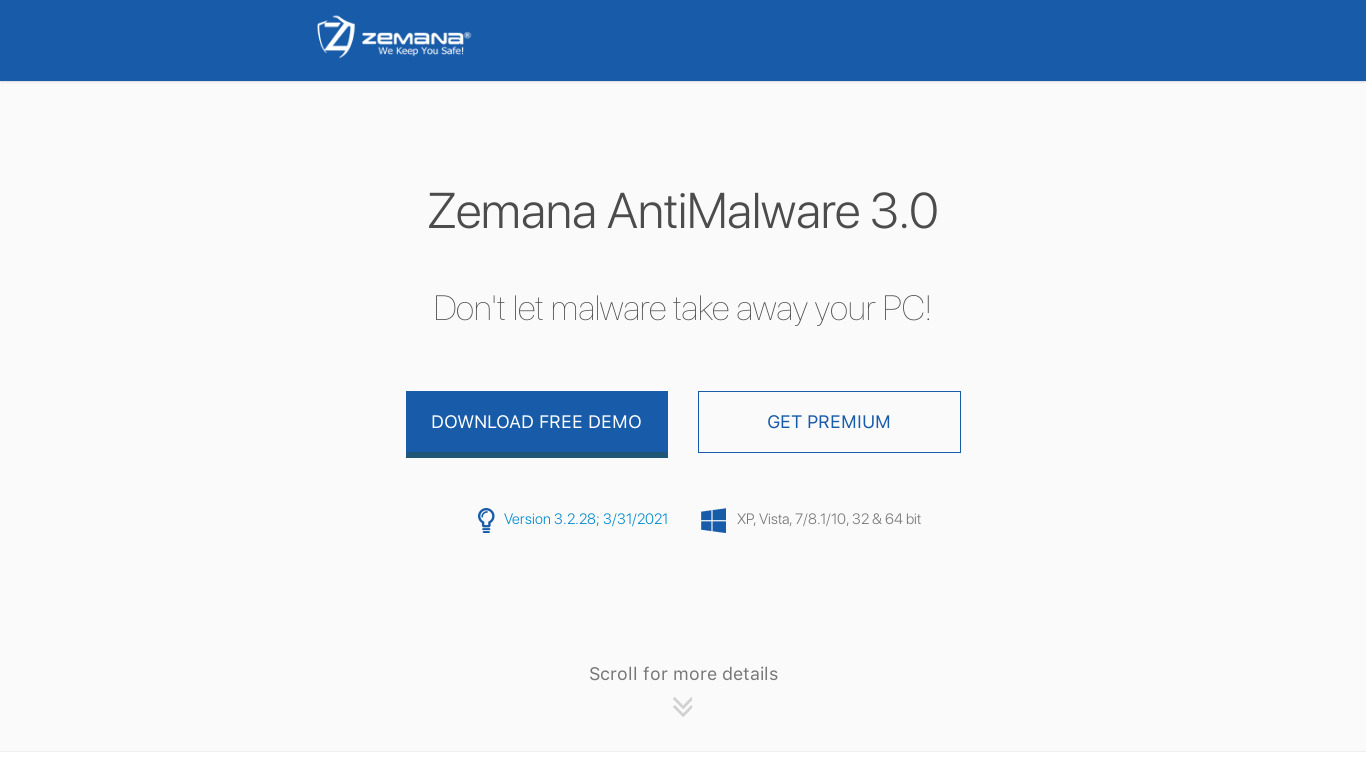 Zemana AntiMalware Landing page