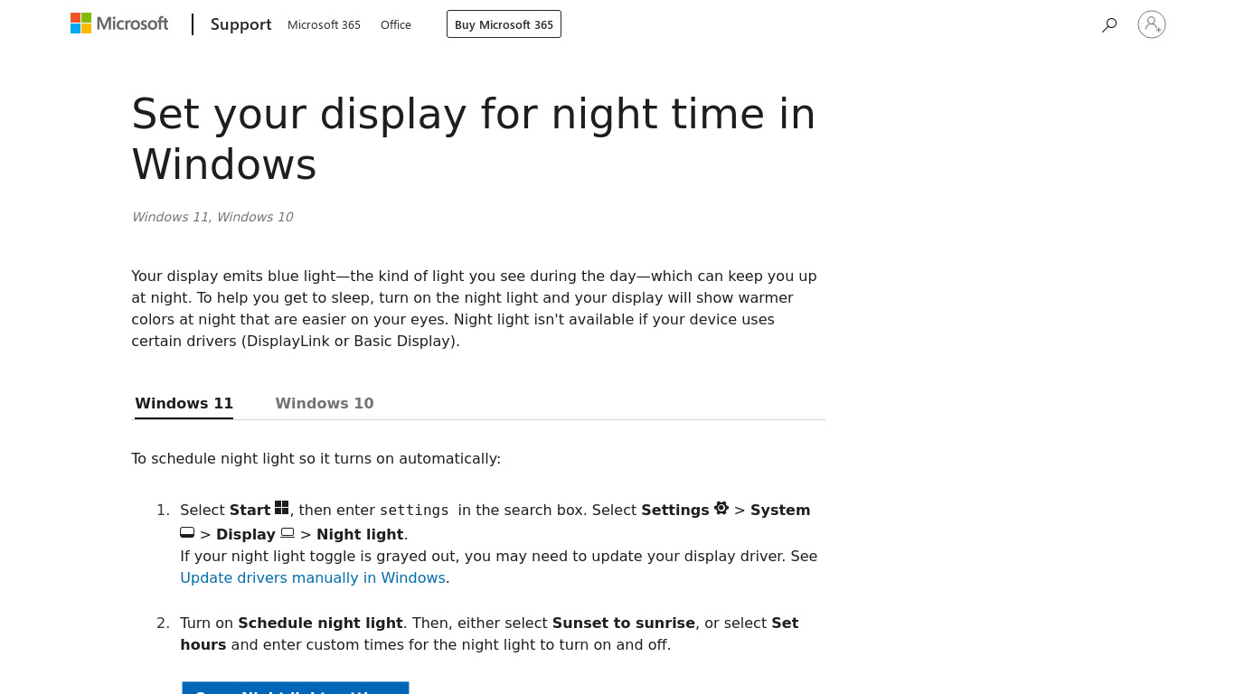 Windows Night Light Landing page
