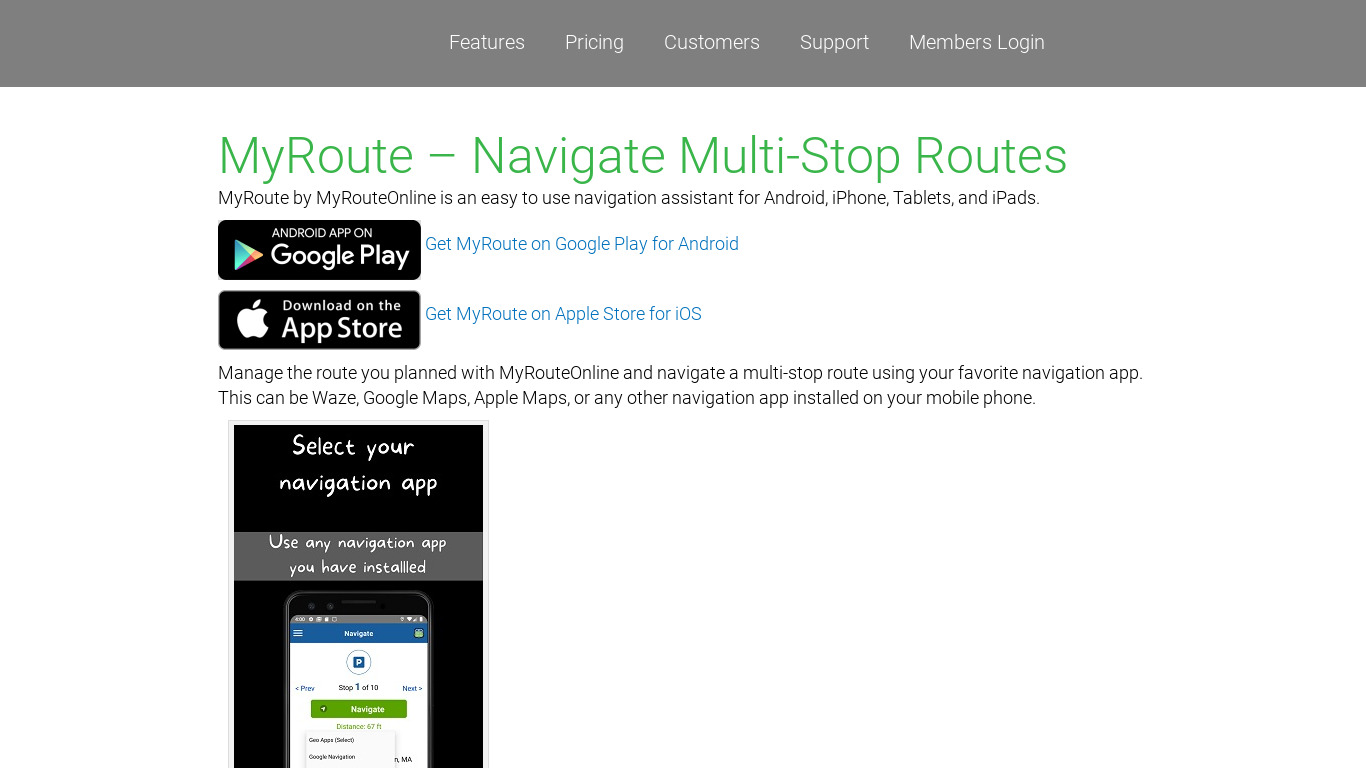 MyRoute Multi Stop Navigation Landing page