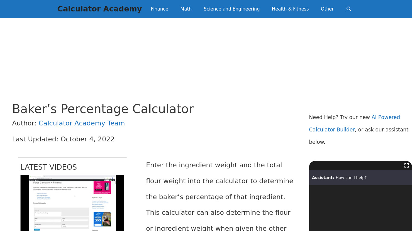 Baker's Percentage Calculator Landing page