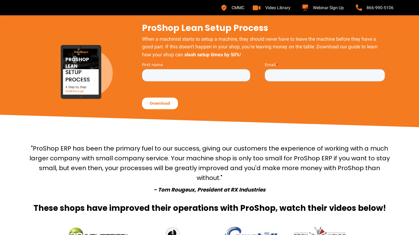 Proshop ERP Landing page