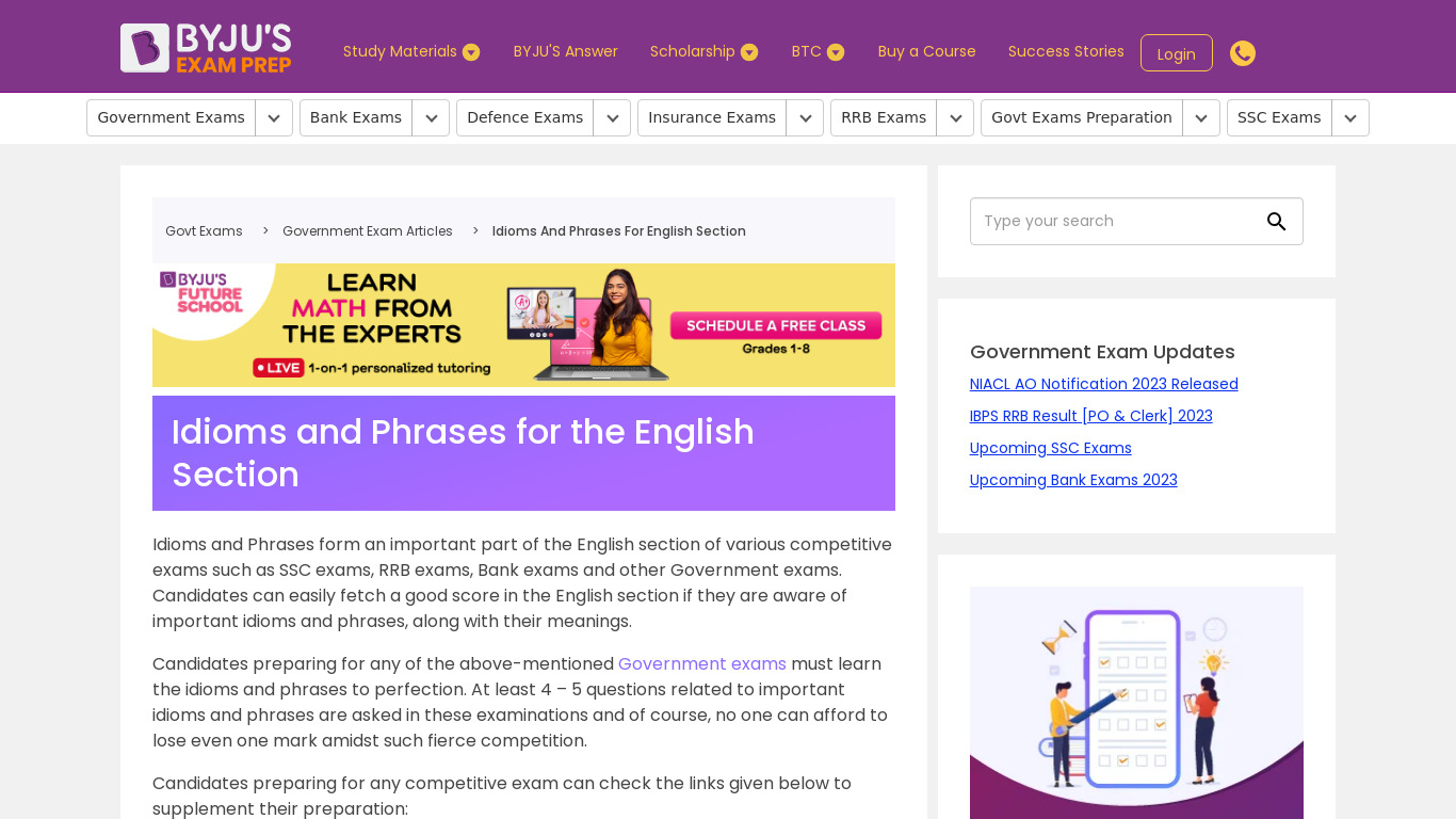 Idioms And Phrases Landing page