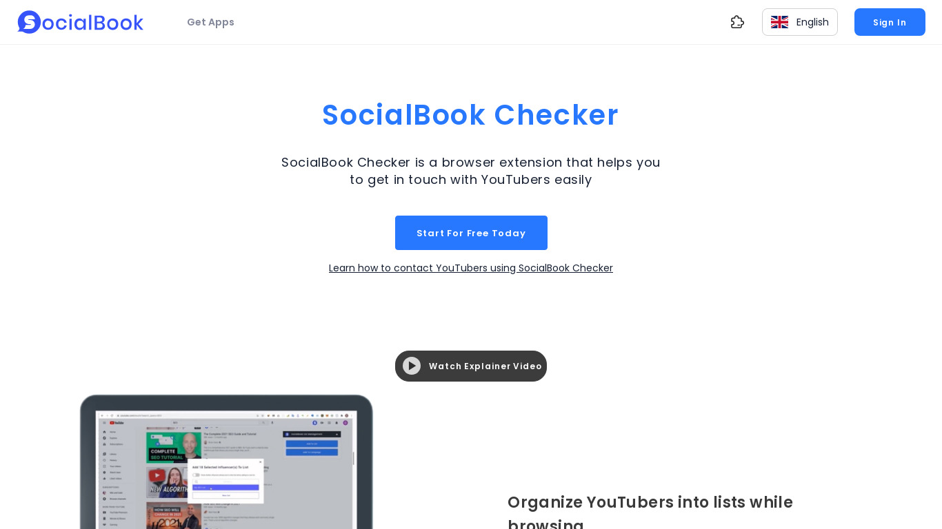SocialBook Checker Landing page