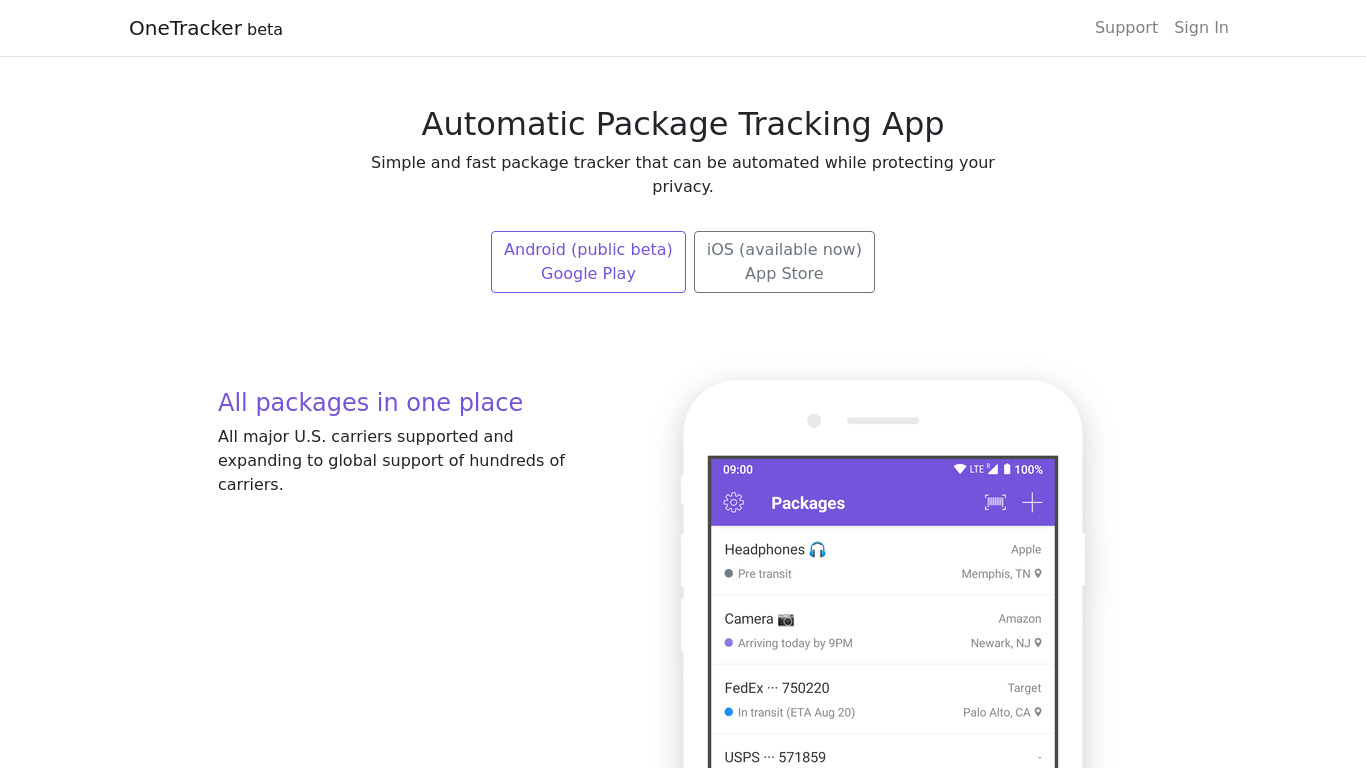 OneTracker Landing page