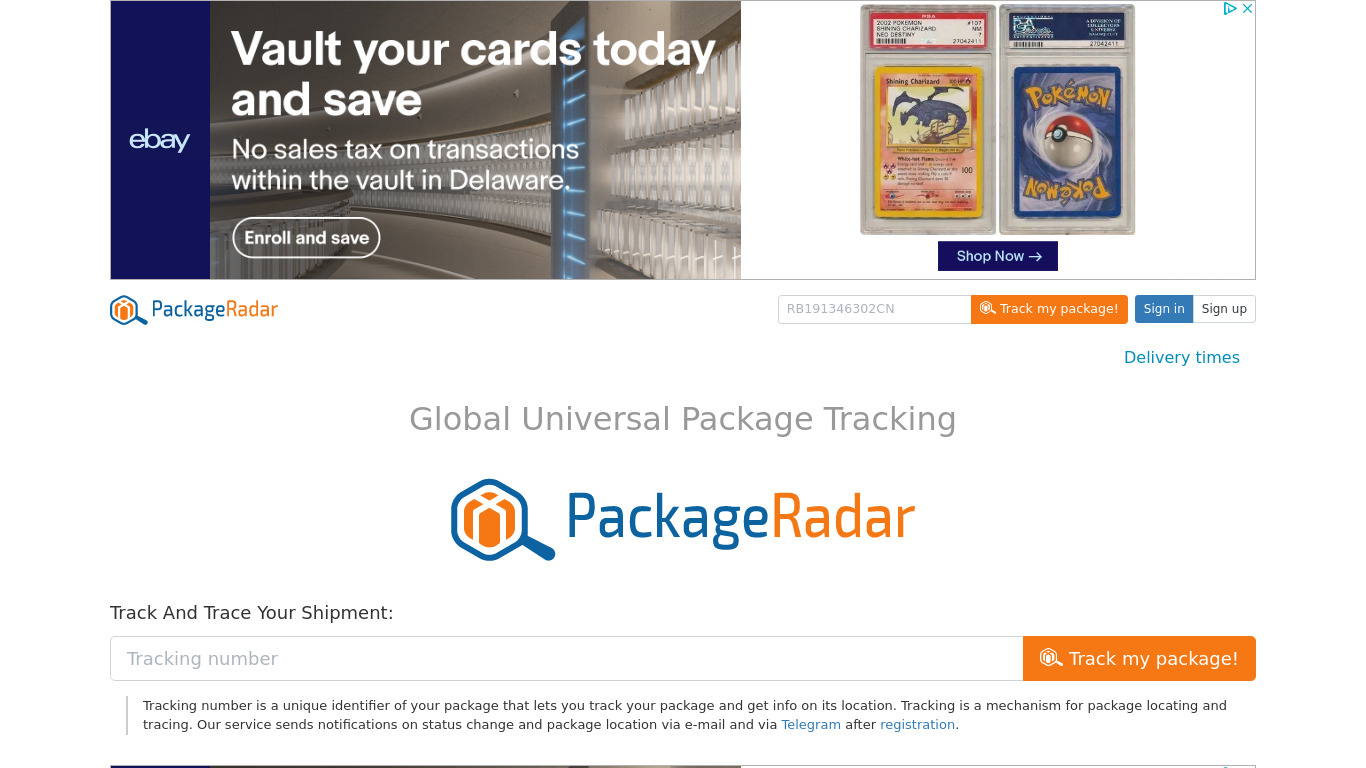 PackageRadar Landing page