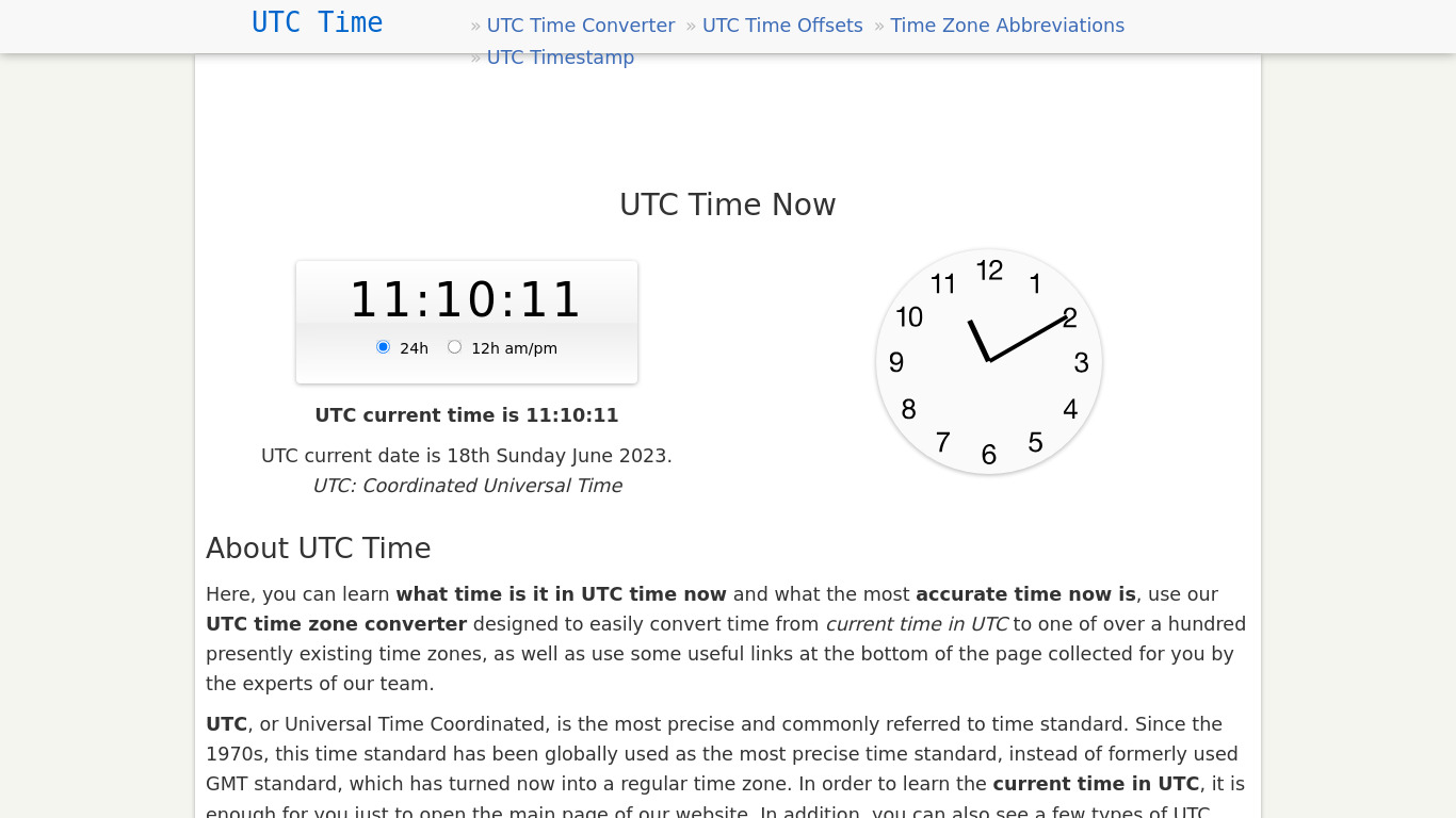 UTC Time Landing page