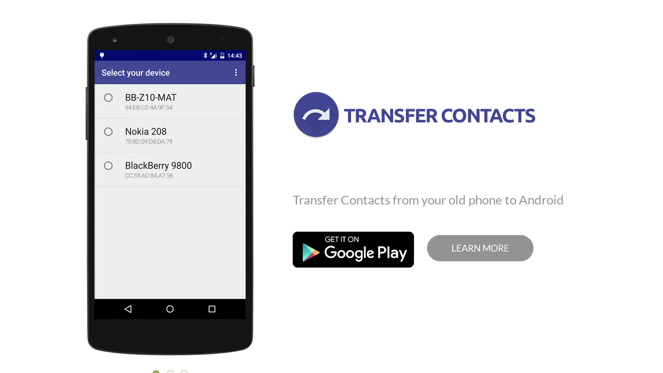 Transfer Contacts Landing page