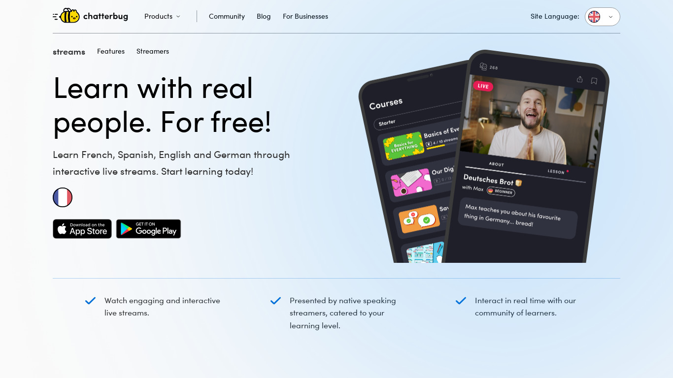 Chatterbug Streams Landing page