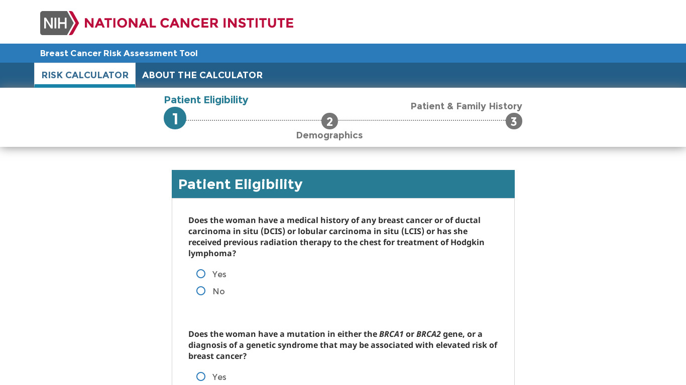 Cancer Risk Calculator Landing page