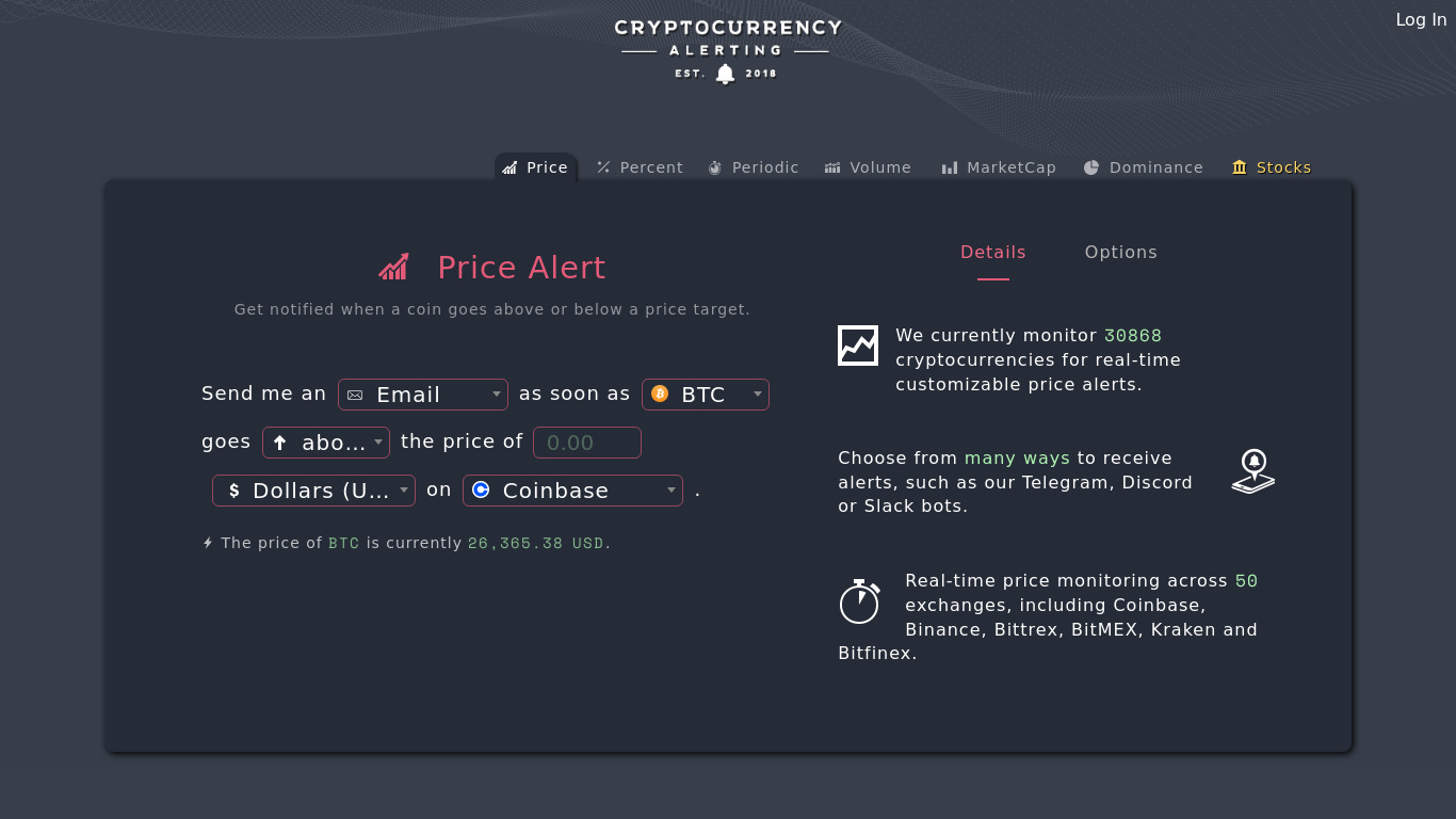 Cryptocurrency Price Notification Landing page