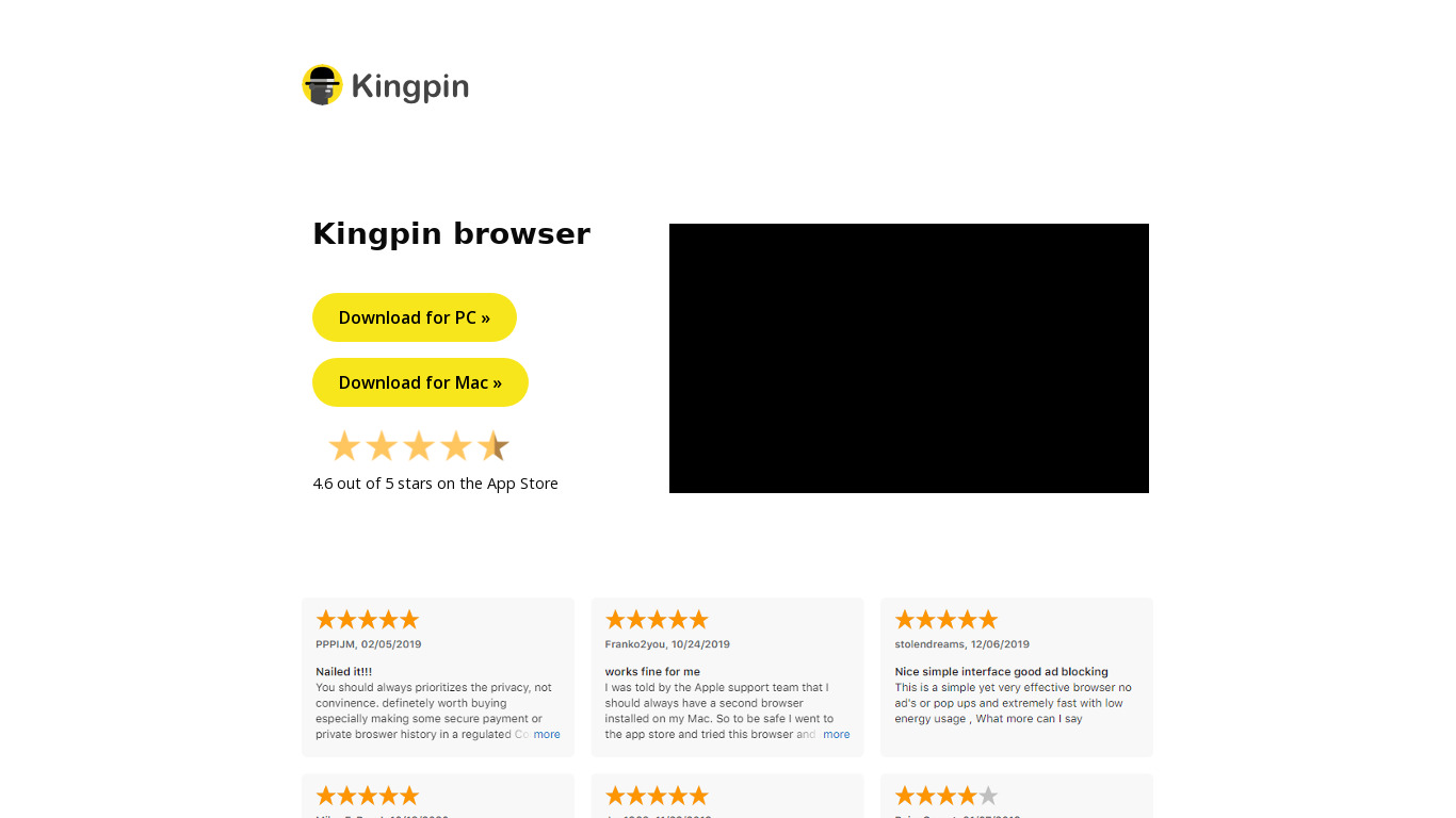 Kingpin Browser Landing page