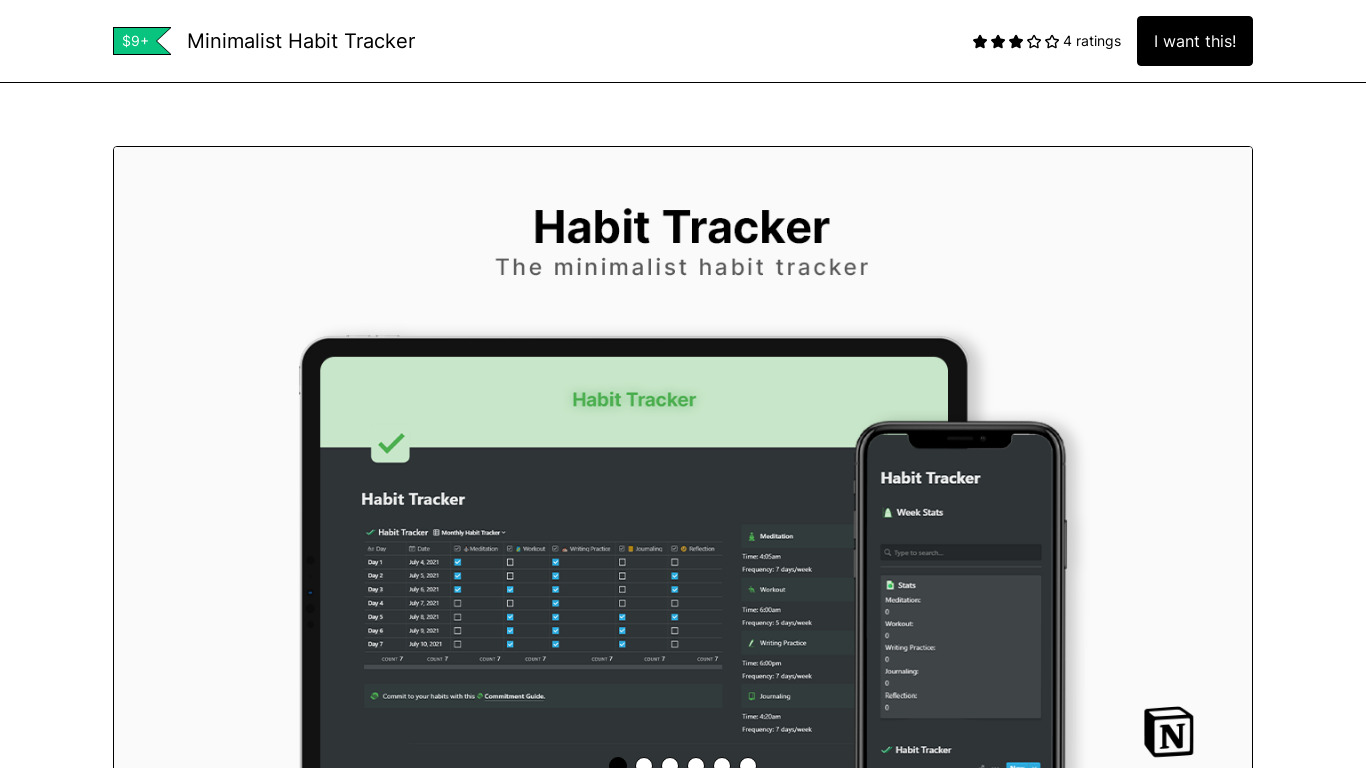 Notion Minimalist Habit Tracker Landing page