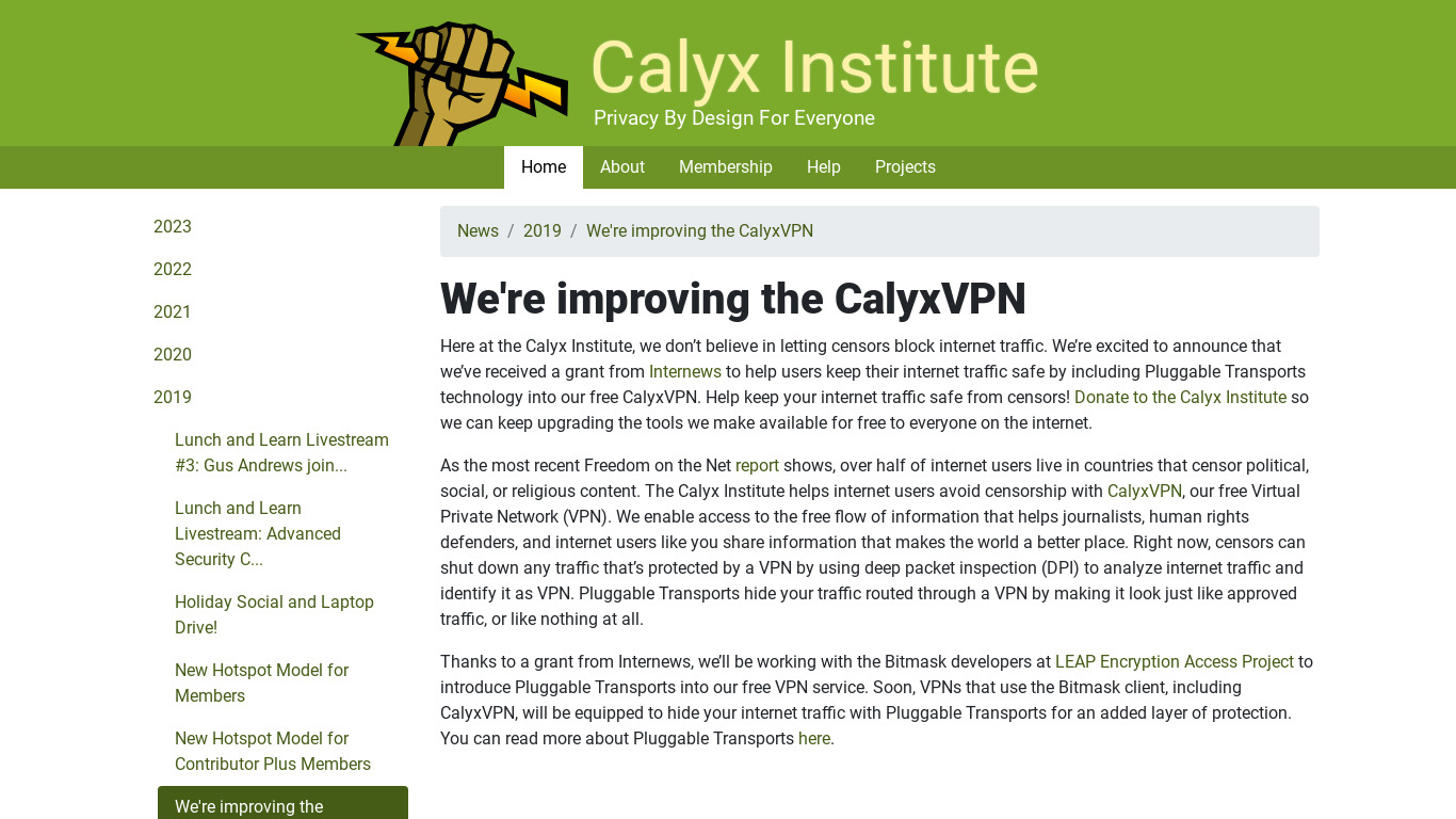 Calyx VPN Landing page