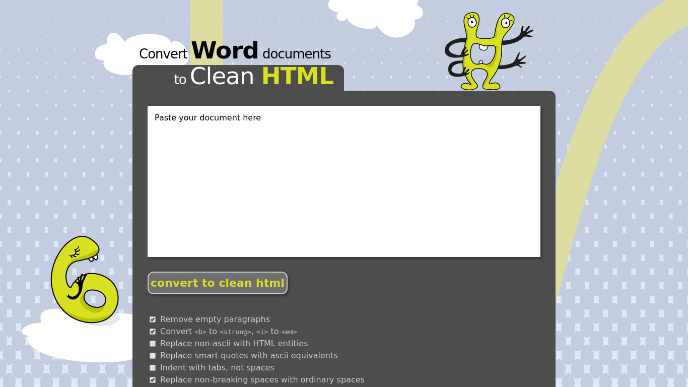 Word2CleanHTML.com Landing page