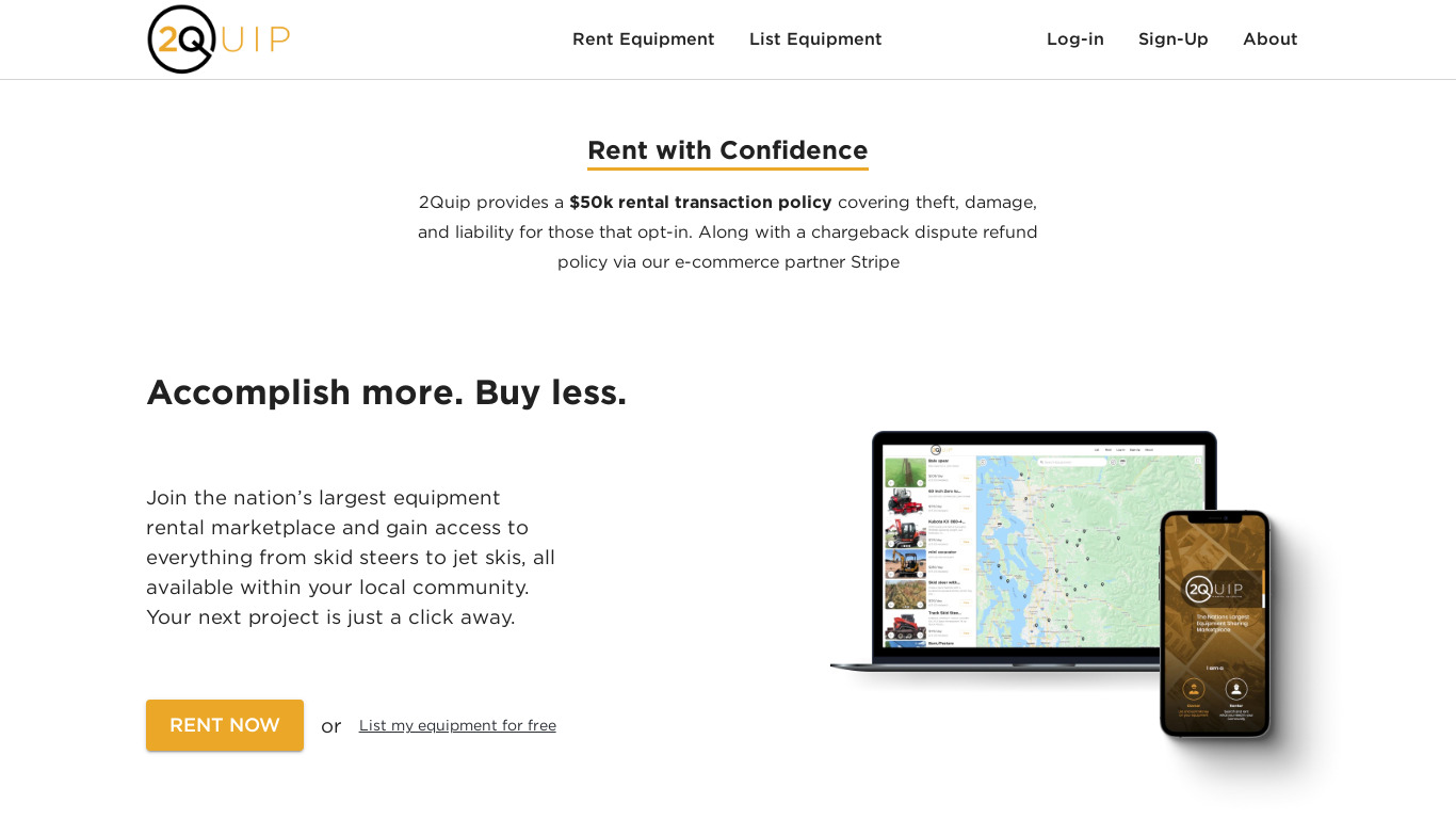 2Quip Equipment Sharing Marketplace Landing page