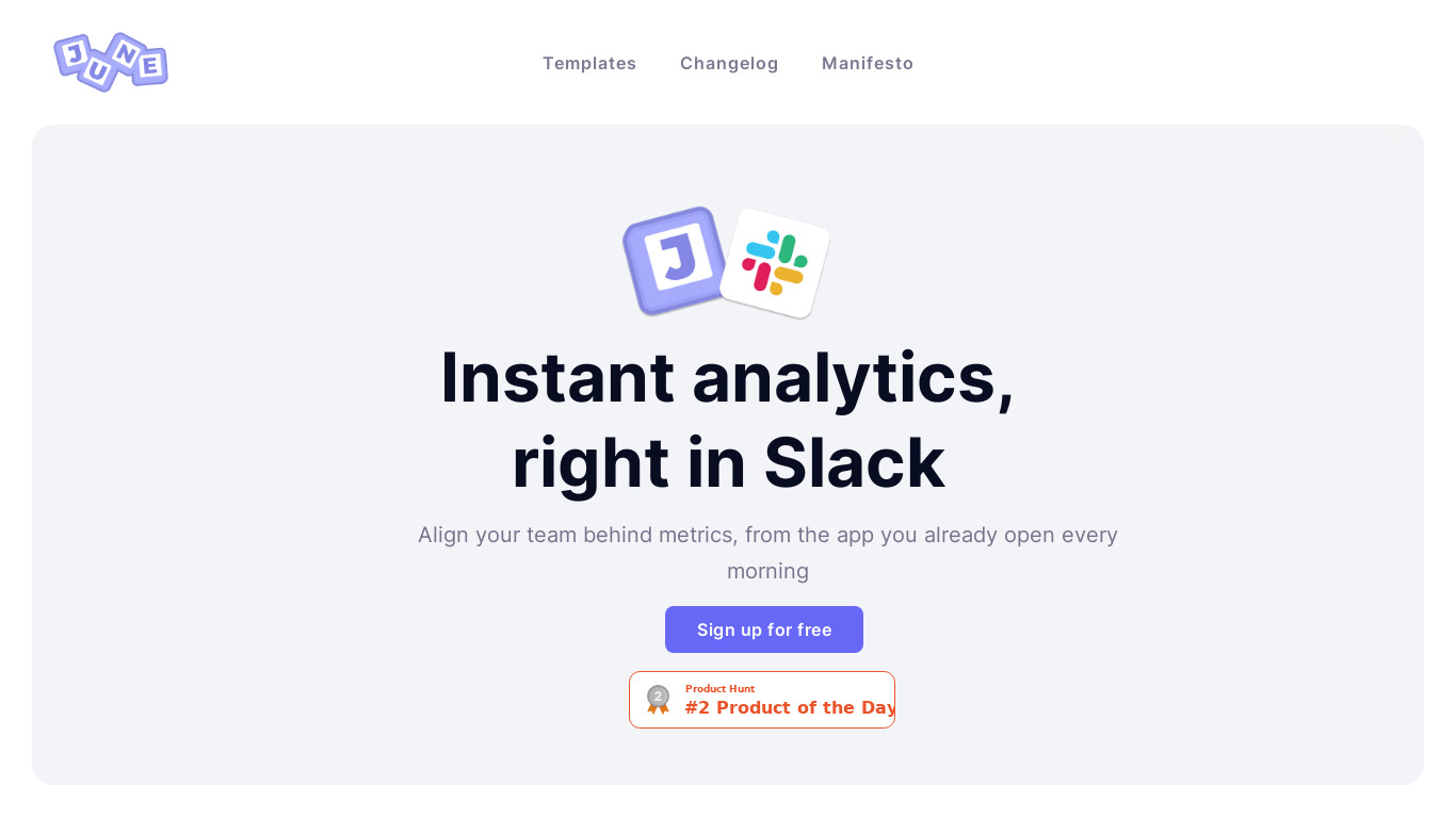 June for Slack Landing page