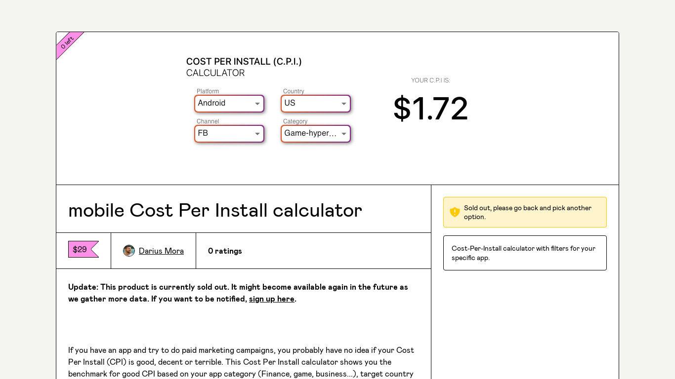 Cost-Per-Install calculator Landing page